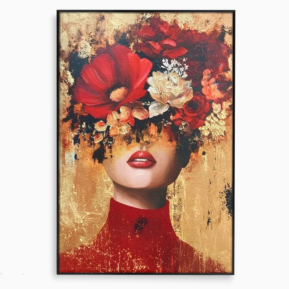 Tablou canvas cu tablou canvas cu portret de femeie si flori rosii, in rama de aluminiu negru